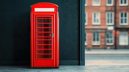 Fototapeta premium A vibrant red telephone booth stands against a dark wall, showcasing classic design and urban charm in a modern setting.