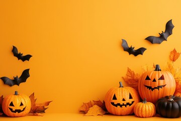 Halloween themed mockup with black and orange pumpkins, paper bats and autumn leaves on an orange background
