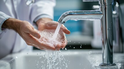 Fototapeta premium a doctor washing hands thoroughly, symbolizing compliance with healthcare and hygiene protocols