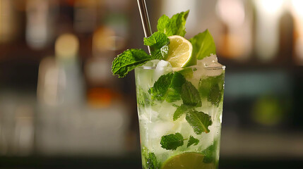 Refreshing mojito cocktail with lime and mint in a glass on bar counter.