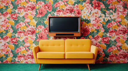A vibrant living room featuring a yellow couch against a floral wallpaper backdrop with a vintage television above.
