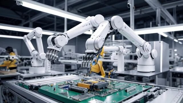 robotic arm assembling a circuit board in a high-tech factory, representing automation in electronics manufacturing.