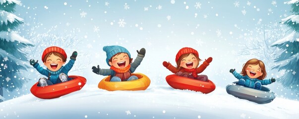 Joyful children sledding down a snowy hill during winter with smiles and laughter