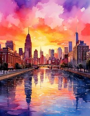Obraz premium A watercolor painting of a city skyline at sunset, soft pinks, purples, oranges blending in the sky, buildings are delicately outlined, with reflections shimmering in a nearby river