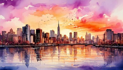 Naklejka premium A watercolor painting of a city skyline at sunset, soft pinks, purples, oranges blending in the sky, buildings are delicately outlined, with reflections shimmering in a nearby river