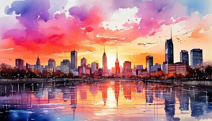 Obraz premium A watercolor painting of a city skyline at sunset, soft pinks, purples, oranges blending in the sky, buildings are delicately outlined, with reflections shimmering in a nearby river