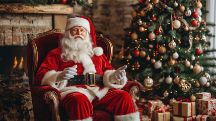 Santa Claus, the icon of Christmas, sits comfortably in a chair next to a beautifully decorated Christmas tree, a symbol of joy and celebration. His cheerful outfit, white beard and smile give this il