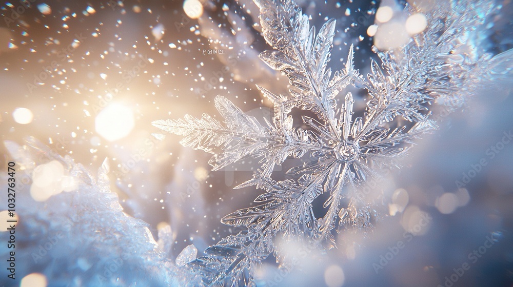 Poster a macro shot of a snowflake on a tree branch, with the sun rays illuminating the crystals