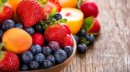Obraz premium Fresh, vibrant berries and peaches in a wooden bowl, a healthy and delicious summer treat.