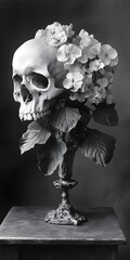 A human skull adorned with delicate flowers, creating a striking juxtaposition of life and death.