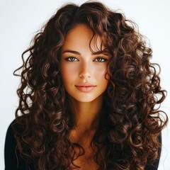 Naklejka premium Beauty portrait of curly-haired woman on white.