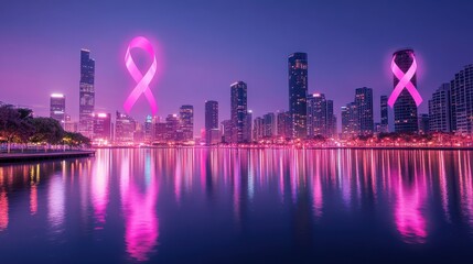 Fototapeta premium City skyline at sunset with a pink ribbon symbolizing breast cancer awareness reflecting in the water