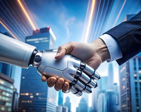 symbolic handshake between man and robot on a futuristic backdrop