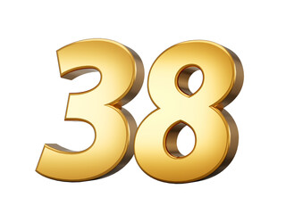 Golden metallic Number 38 thirty eight, White background 3d illustration

