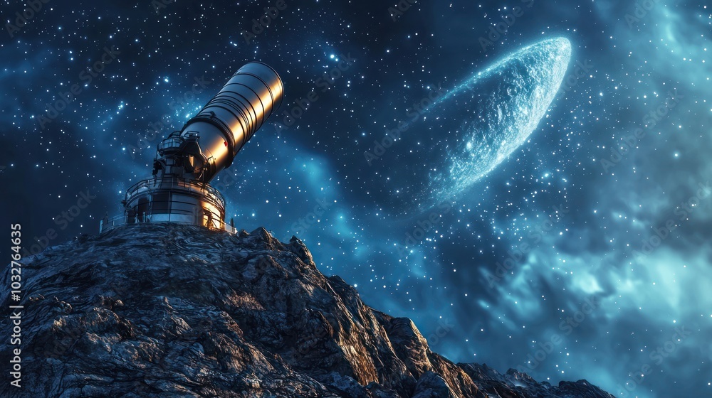 Poster an observatory with a telescope pointed at a comet in the distance, representing human curiosity and