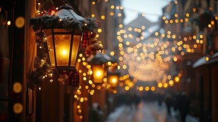 Street lanterns adorned with Christmas lights create a festive and warm atmosphere along a decorated pathway