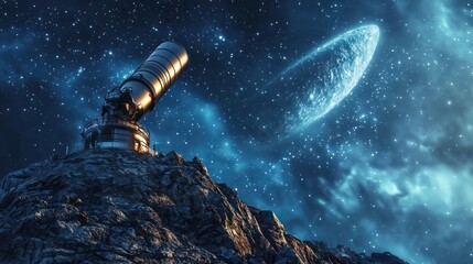 Naklejka premium an observatory with a telescope pointed at a comet in the distance, representing human curiosity and the study of space