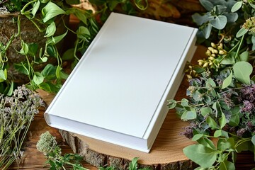 White Hardcover Book Resting on Tree Trunk with Green Foliage