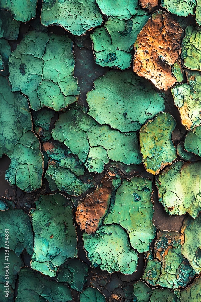 Poster abstract texture of cracked green and copper paint, creating a unique and captivating pattern.