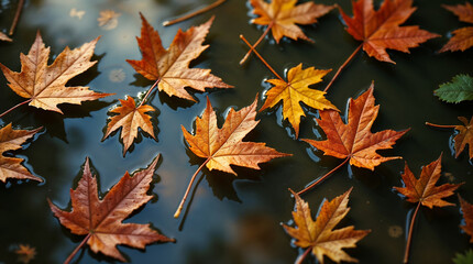Autumn leaves floating on water