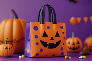 Colorful Halloween trick-or-treat bag mockup with playful pumpkin design among festive decorations