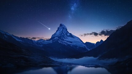 sweeping nighttime view of the magnificent Matterhorn peak with shooting stars