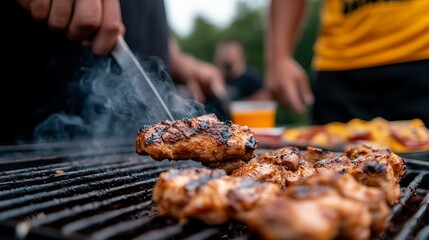Close-up of grilled chicken on a hot grill.