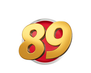 Gold Number 89 Gold Number Eighty Nine On Rounded Red Icon, 3d illustration
