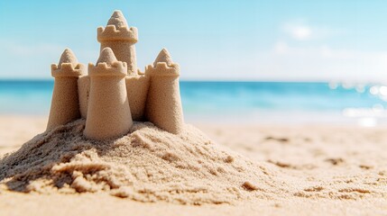 A sandcastle built on the beach with the ocean in the background.