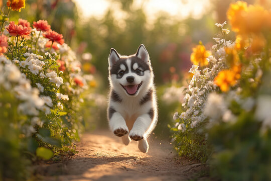 Cute haski dog running between the flower rows in the park