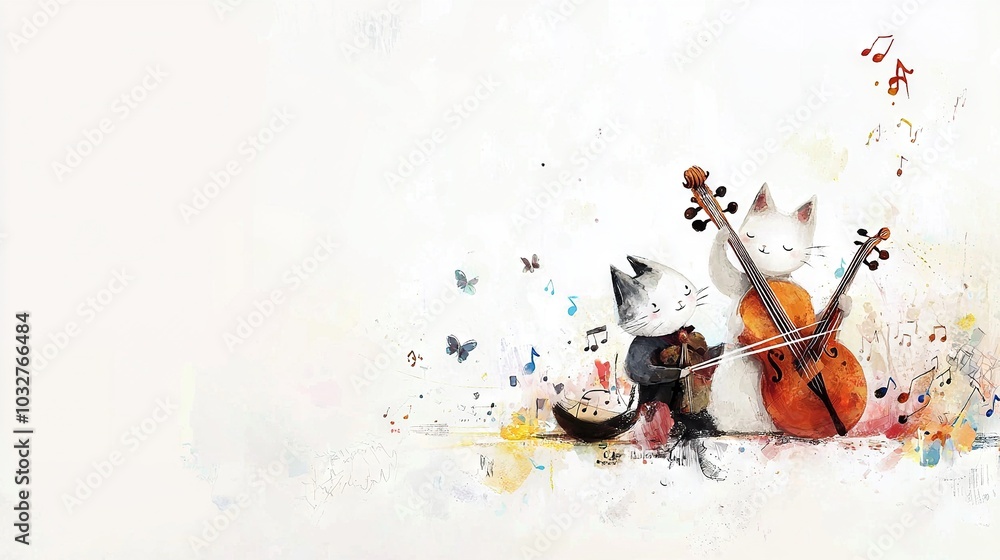 Poster   A feline playing a stringed instrument and another with its face protruding from the top of its head