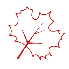 Red maple leaf outline with stylized shape, isolated, Vector