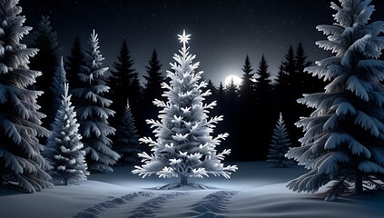 frosty night brings snowy christmas tree dark winter forest