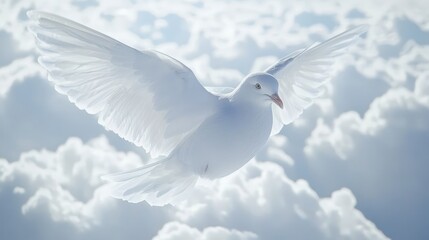 A white dove with outstretched wings soars through a blue sky with puffy white clouds.