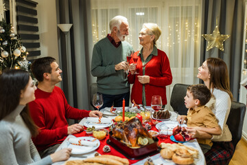 Grandfather and grandmother are making a toast at the table. Family celebrating Christmas together eating homemade food.