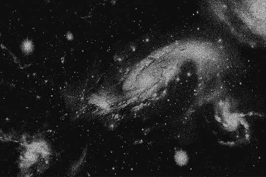 Abstract deep space galaxy, nebula, stars in pointillism style. Vintage stippled background of glowing star clusters in outer sky. Vector illustration in retro grainy grunge texture