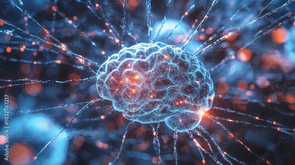 Poster a neural network or brain circuit, symbolizing the complex connections within the human mind and cog