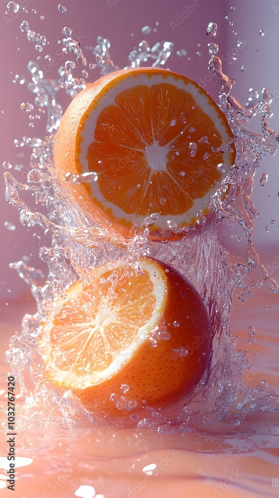 Poster two halves of an orange splash into a pool of water, creating a refreshing and vibrant scene.