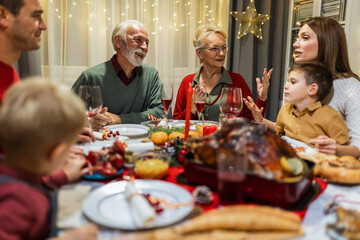 Happy family having Christmas dinner with their grandparents. Eating homemade food, drinking...
