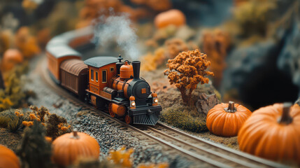 A miniature photo of a pumpkin train ride in the field. Photos of diorama models. Holidays, halloween, toy pumpkin