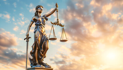 Figure of Lady Justice against sky, space for text. Symbol of fair treatment under law