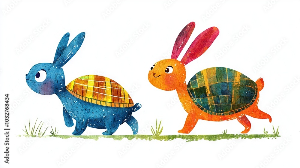 Poster two rabbits and a tortoise stand in a grass field, each with a turtle on its back
