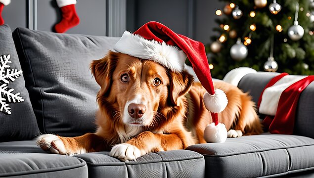 happy toller dog lies sofa wearing santa hat festive decorations home christmas morning