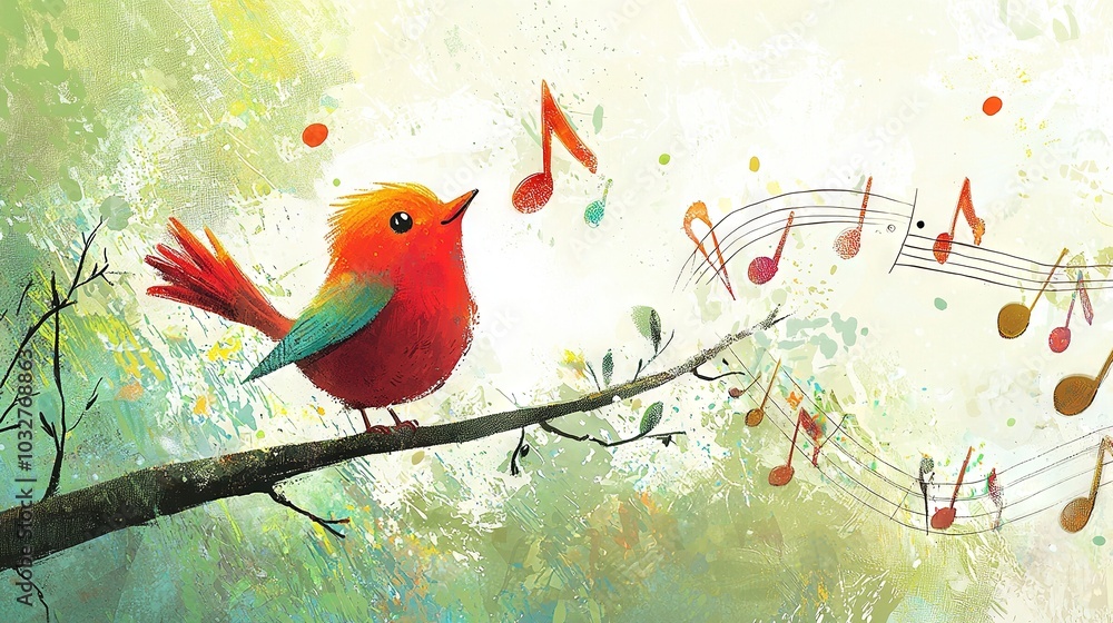 Poster a red bird on a tree branch with musical notes in the background and a tree branch in the foreground
