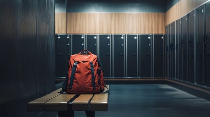 A Red Backpack Rests on a Bench in a Quiet Gym Locker Room Ready for Post-Workout Relaxation. Generative AI