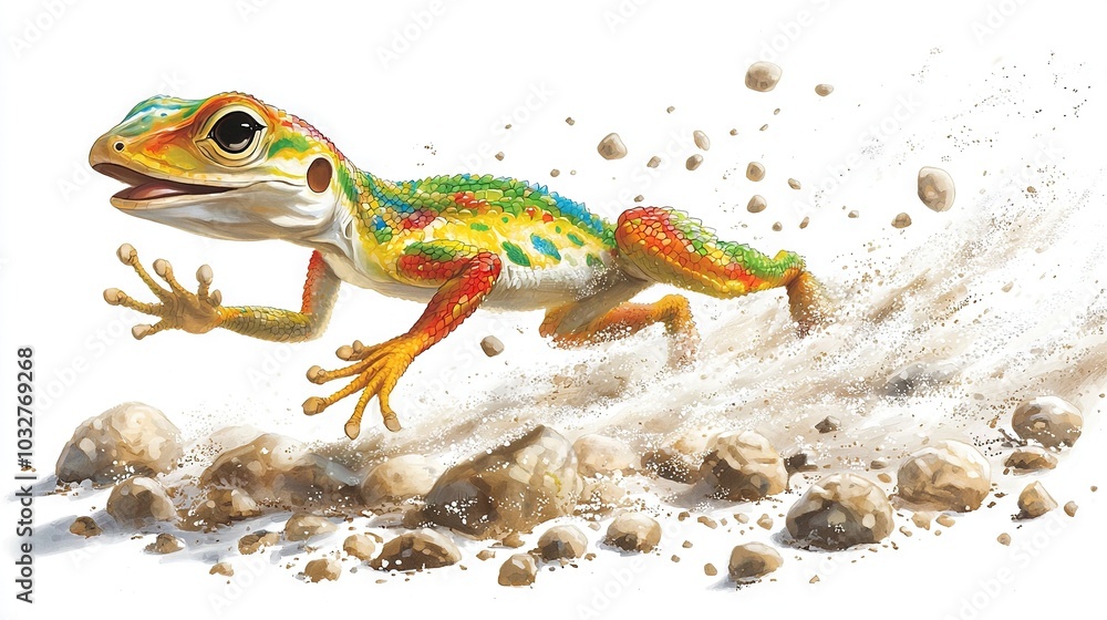 Poster a colorful gecko runs through piles of rocks and dirt with an open mouth and extended tongue