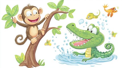Fototapeta premium Monkey-Crocodile-Bird