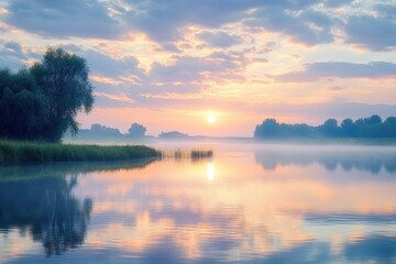 Obraz premium A Serene Sunrise Over a Foggy Lake with Silhouetted Trees