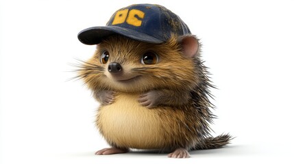 Cute cartoon hedgehog wearing a blue baseball cap with yellow letters.