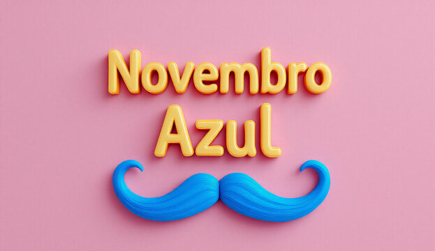 Esta imagem apresenta a frase "Novembro Azul" em letras amarelas sobre um fundo rosa, com um bigode azul em destaque, simbolizando a conscientiza&ccedil;&atilde;o sobre a sa&uacute;de masculina.

